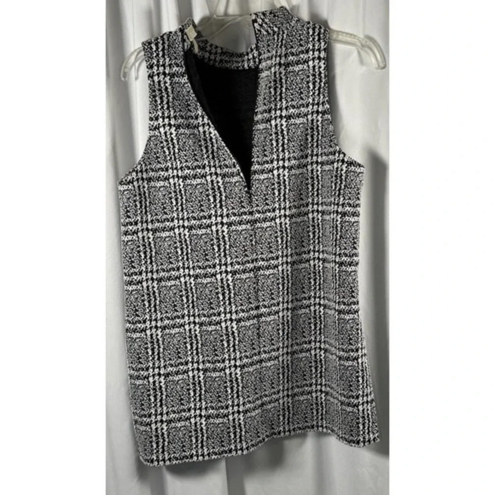 Michael Kors Black‎ White Plaid Mock Neck Sleeveless Tunic Top L Preppy 86-34